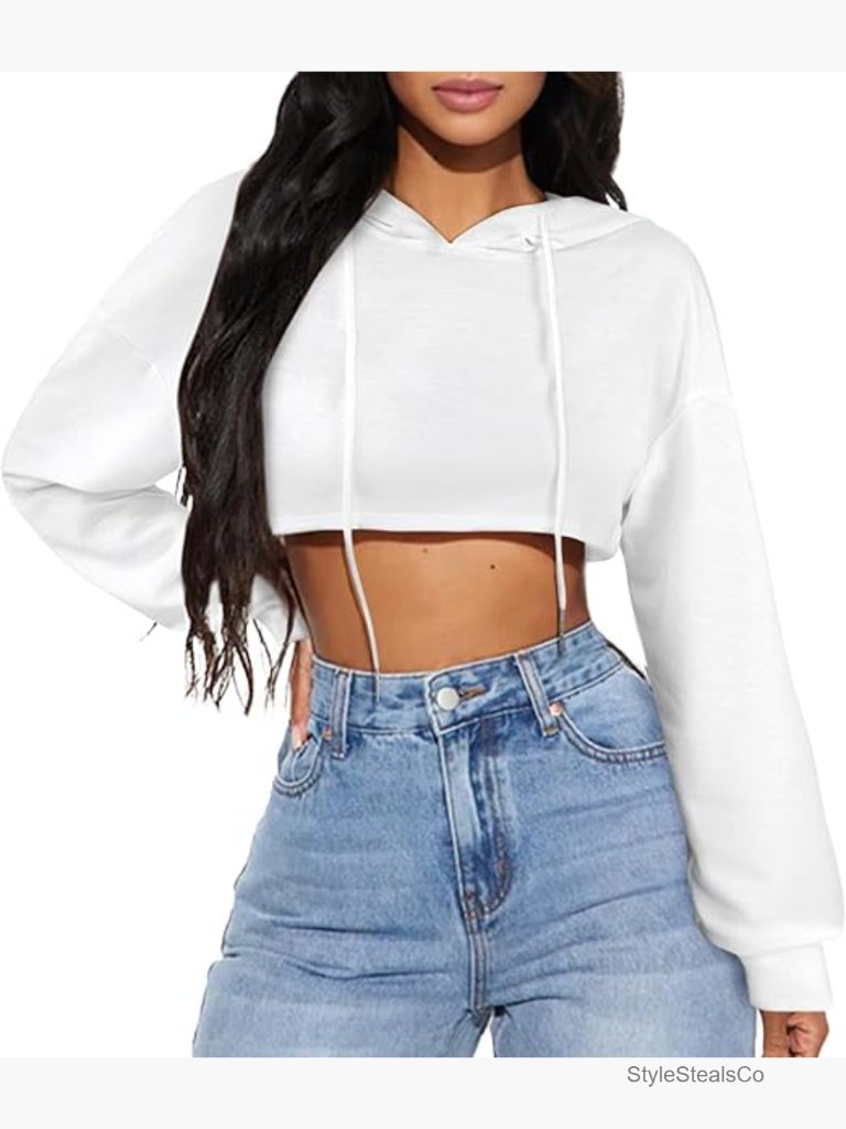 Cropped Hoodie Long Sleeve Pullover Sweatshirt Loose Fit
